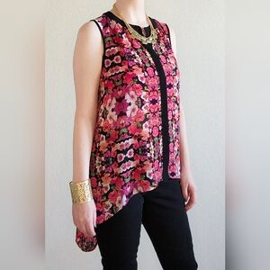 Nicole Miller Floral High-Low Blouse in Pink and Black, Size L